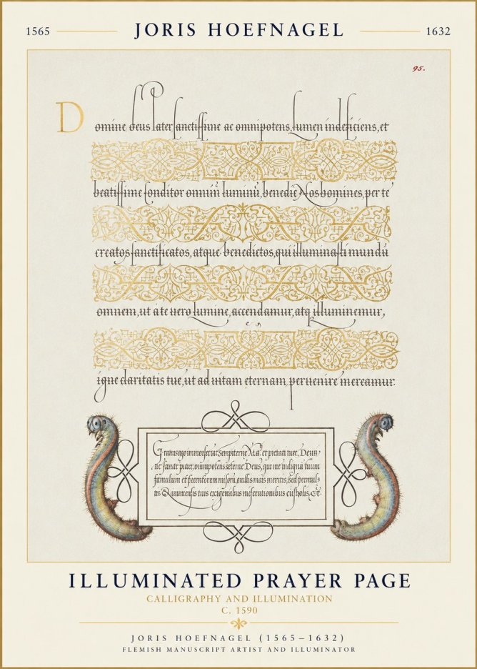 Joris Hoefnagel Calligraphic Page with Gold Ornaments and Sea Creatures No6 - Poster