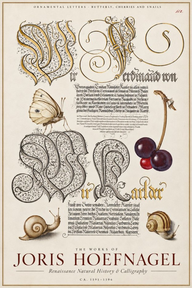 Joris Hoefnagel Ornamental Letters with Butterfly, Cherries and Snails No4 - Poster