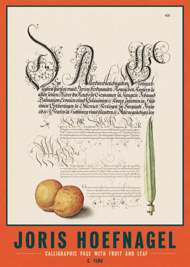 Joris Hoefnagel Calligraphic Page with Fruit and Leaf No2 - Poster
