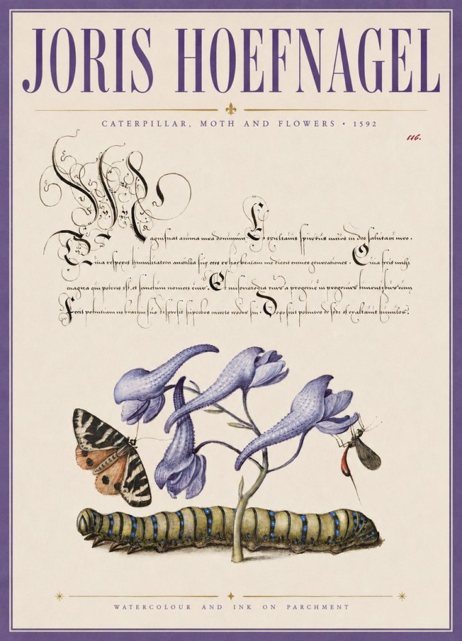 Joris Hoefnagel Caterpillar, Moth and Flowers No3 - Poster