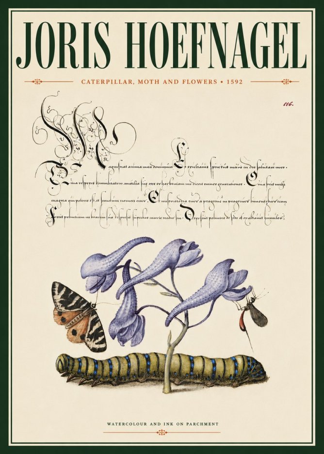 Joris Hoefnagel Caterpillar, Moth and Flowers No4 - Poster