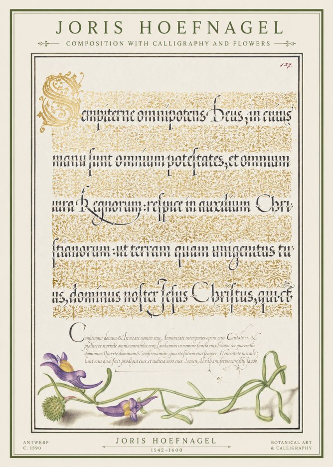 Joris Hoefnagel Composition with Calligraphy and Flowers No1 - Poster