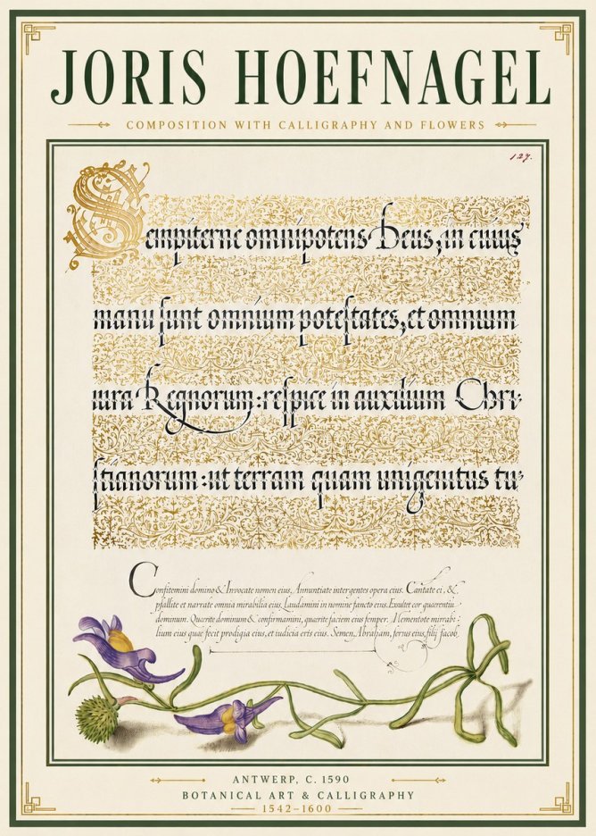 Joris Hoefnagel Composition with Calligraphy and Flowers No6 - Poster