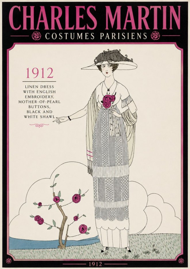 Charles Martin Linen Dress with English Embroidery, Mother-of-pearl Buttons, Black and White Shawl No3 - Poster