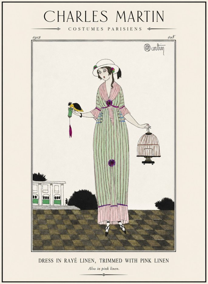 Charles Martin Dress in Rayé Linen, Trimmed with Pink Linen No1 - Poster