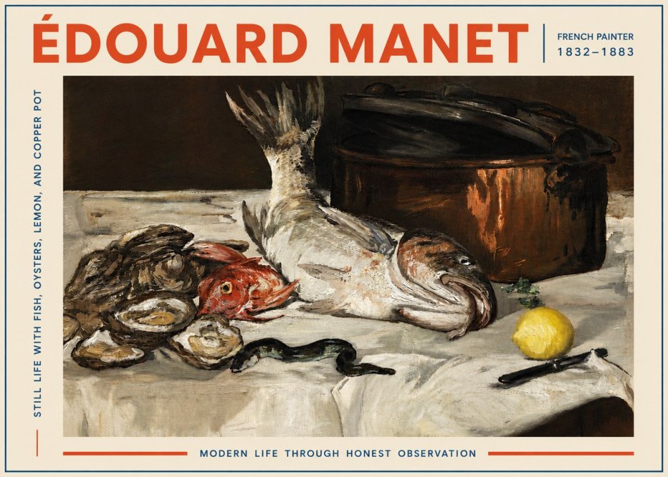 Édouard Manet Still Life with Fish, Oysters, Lemon, and Copper Pot No5 - Poster