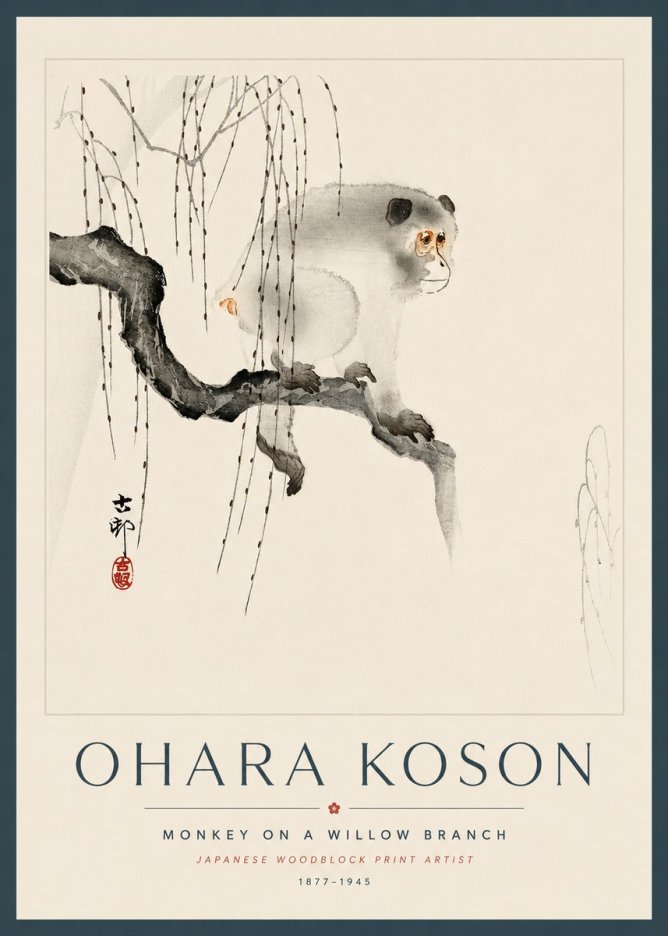 Ohara Koson Monkey on a Willow Branch No5 - Poster