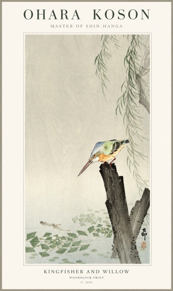 Ohara Koson Kingfisher and Willow No1 - Poster