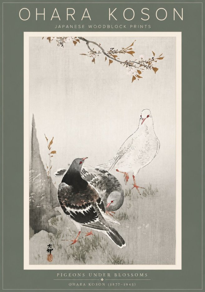 Ohara Koson Pigeons Under Blossoms No5 - Poster