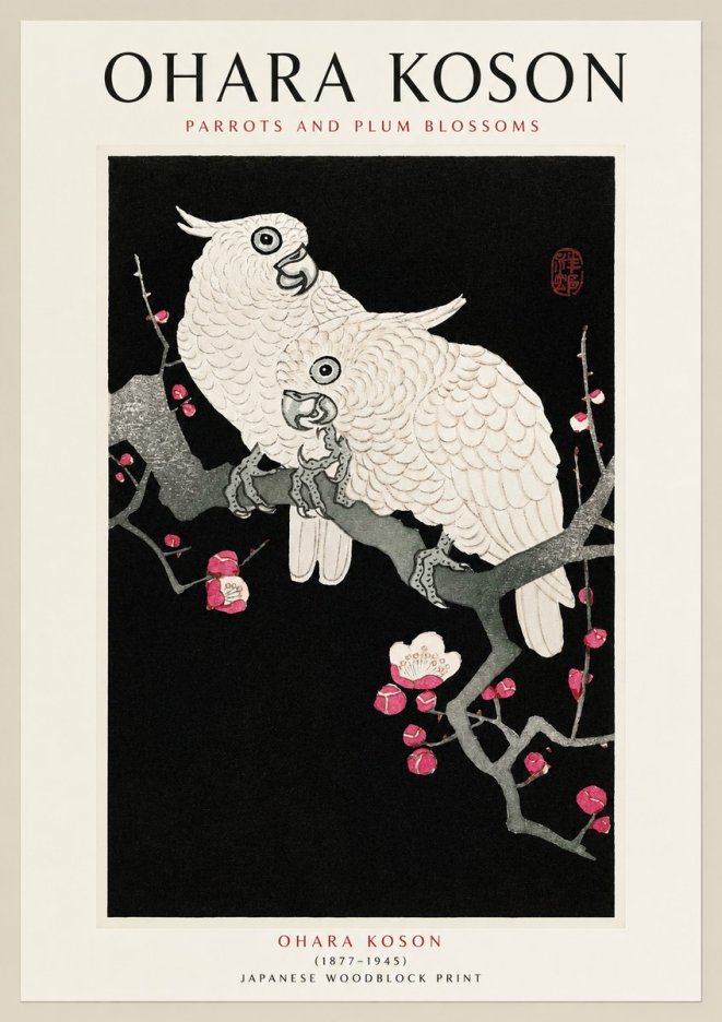 Ohara Koson Parrots and Plum Blossoms No1 - Poster
