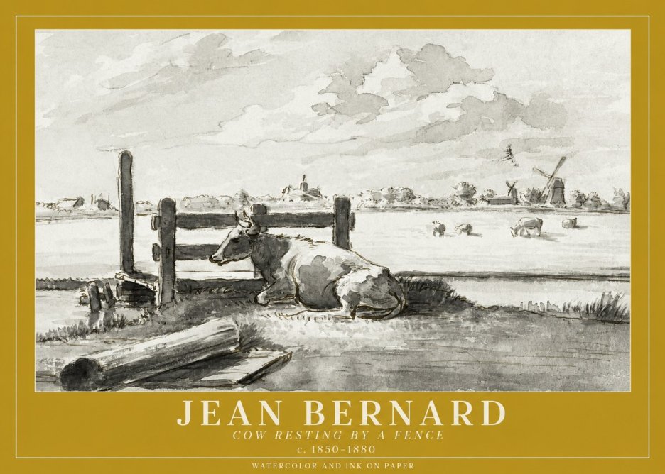 Jean Bernard Cow Resting by a Fence No1 - Poster