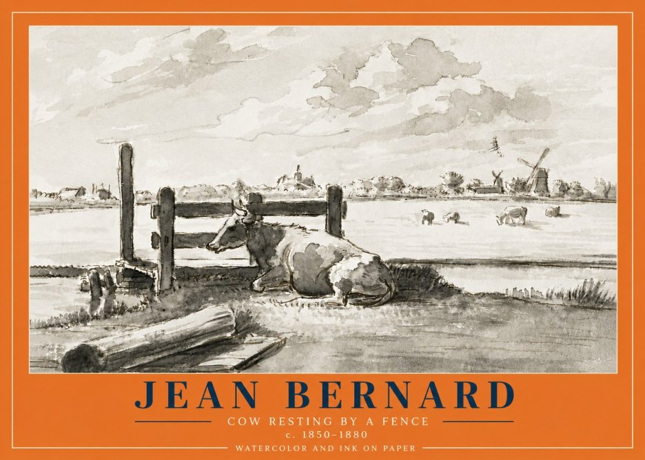 Jean Bernard Cow Resting by a Fence No6 - Poster