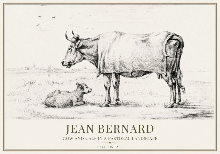 Jean Bernard Cow and Calf in a Pastoral Landscape No1 - Poster