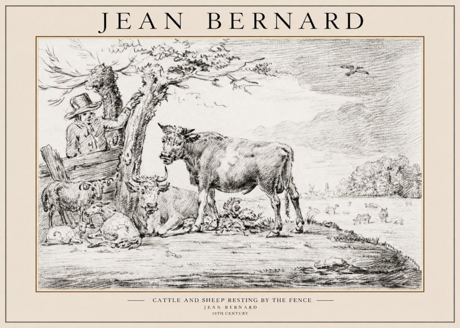 Jean Bernard Cattle and Sheep Resting by the Fence No1 - Poster