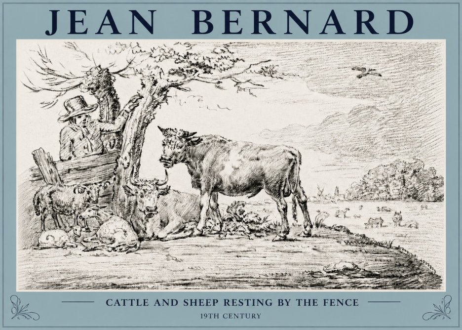 Jean Bernard Cattle and Sheep Resting by the Fence No3 - Poster