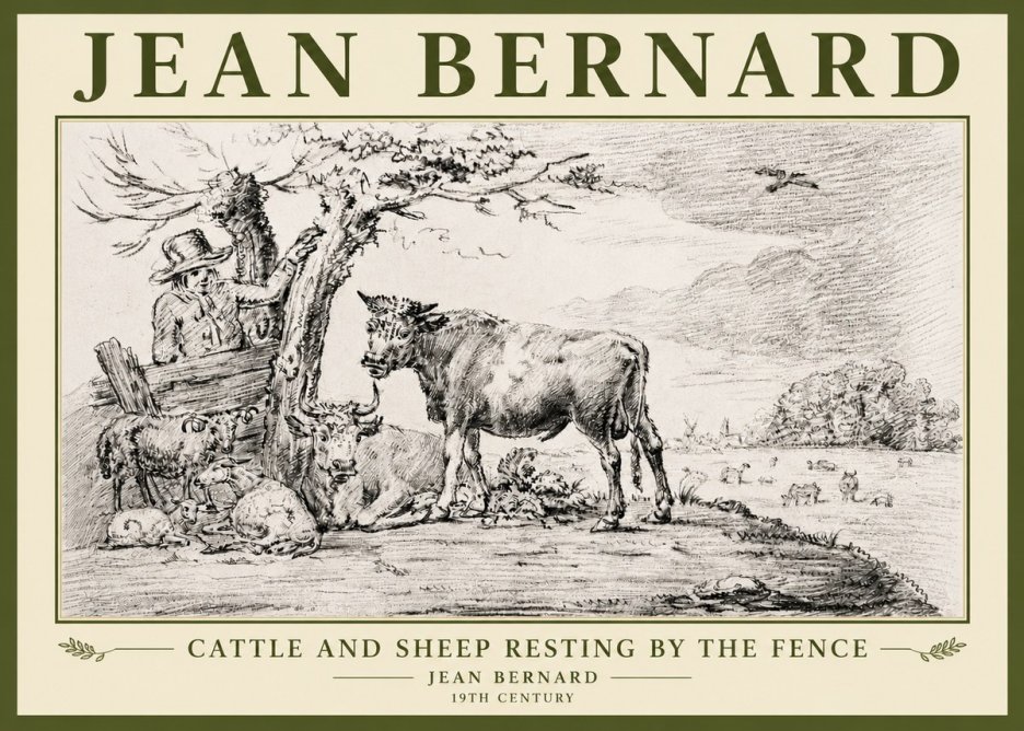 Jean Bernard Cattle and Sheep Resting by the Fence No5 - Poster