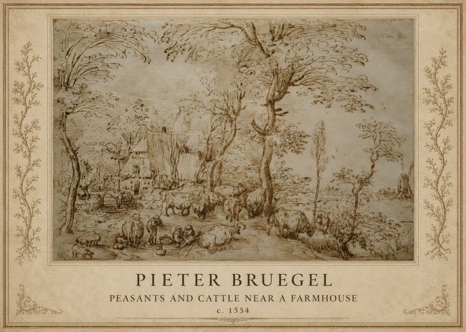 Pieter Bruegel Peasants and Cattle Near a Farmhouse No1 - Poster
