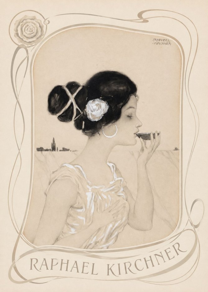 Raphael Kirchner Elegant Lady with Rose and Cup No4 - Poster