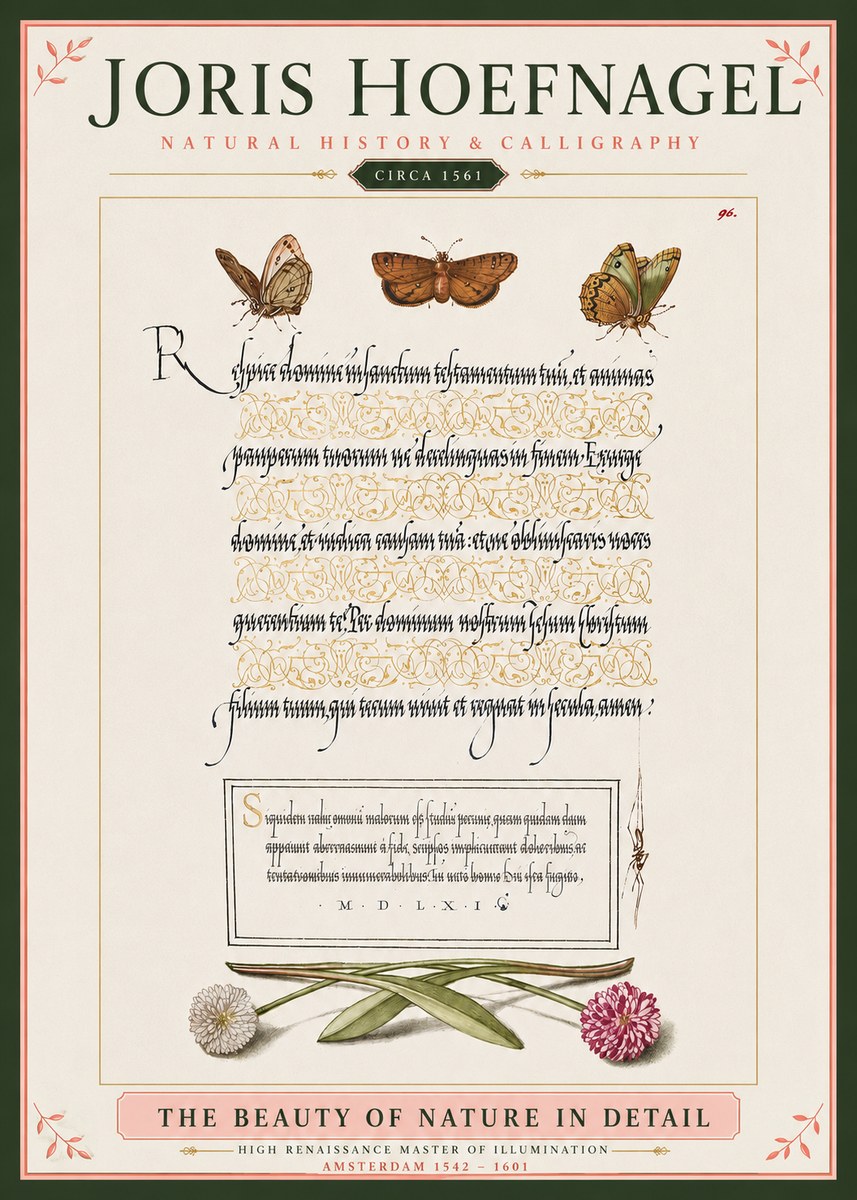 Joris Hoefnagel Butterflies, Flowers and Calligraphy Page No4 - Poster