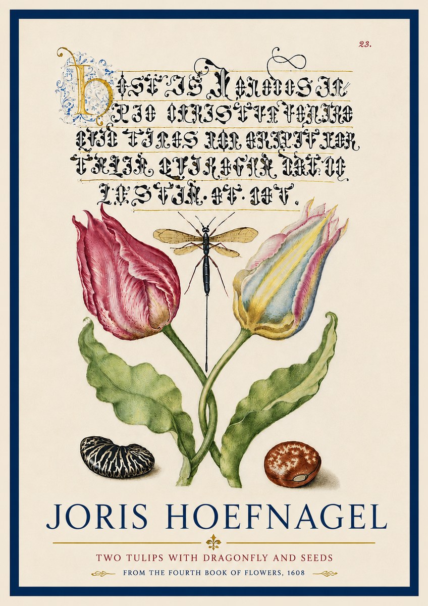 Joris Hoefnagel Two Tulips with Dragonfly and Seeds No6 - Poster
