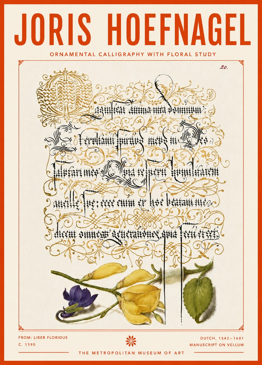 Joris Hoefnagel Ornamental Calligraphy with Floral Study No4 - Poster