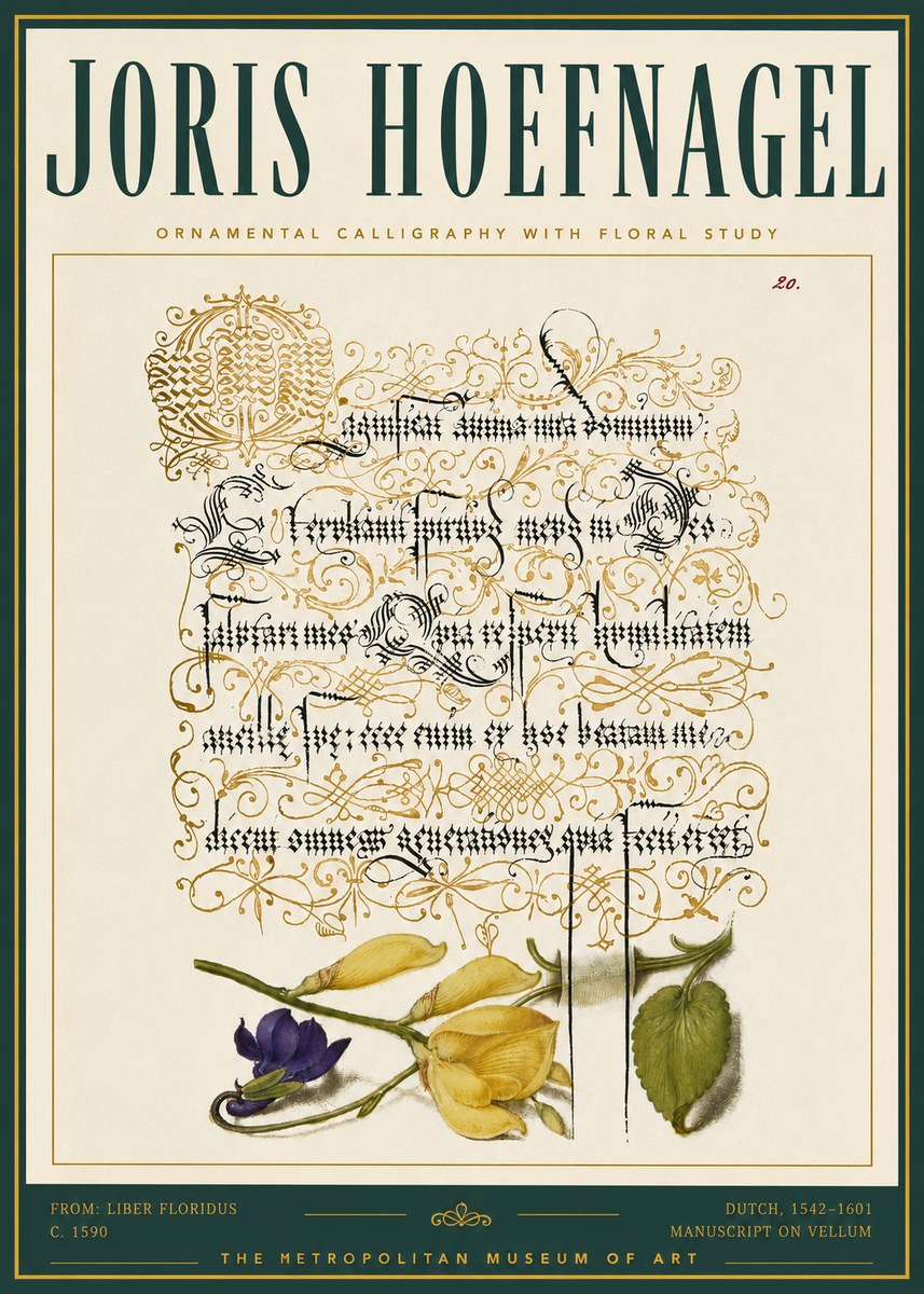 Joris Hoefnagel Ornamental Calligraphy with Floral Study No5 - Poster