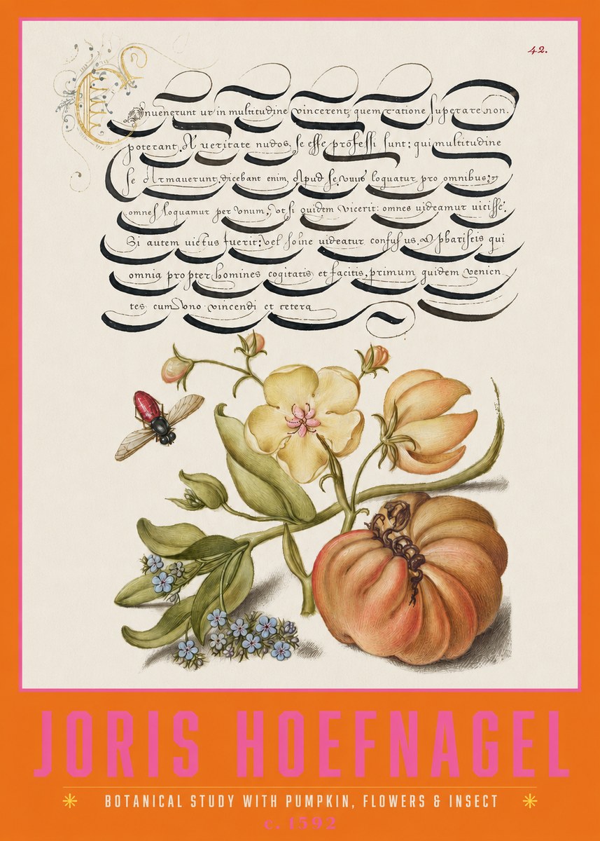 Joris Hoefnagel Botanical Study with Pumpkin, Flowers & Insect No2 - Poster