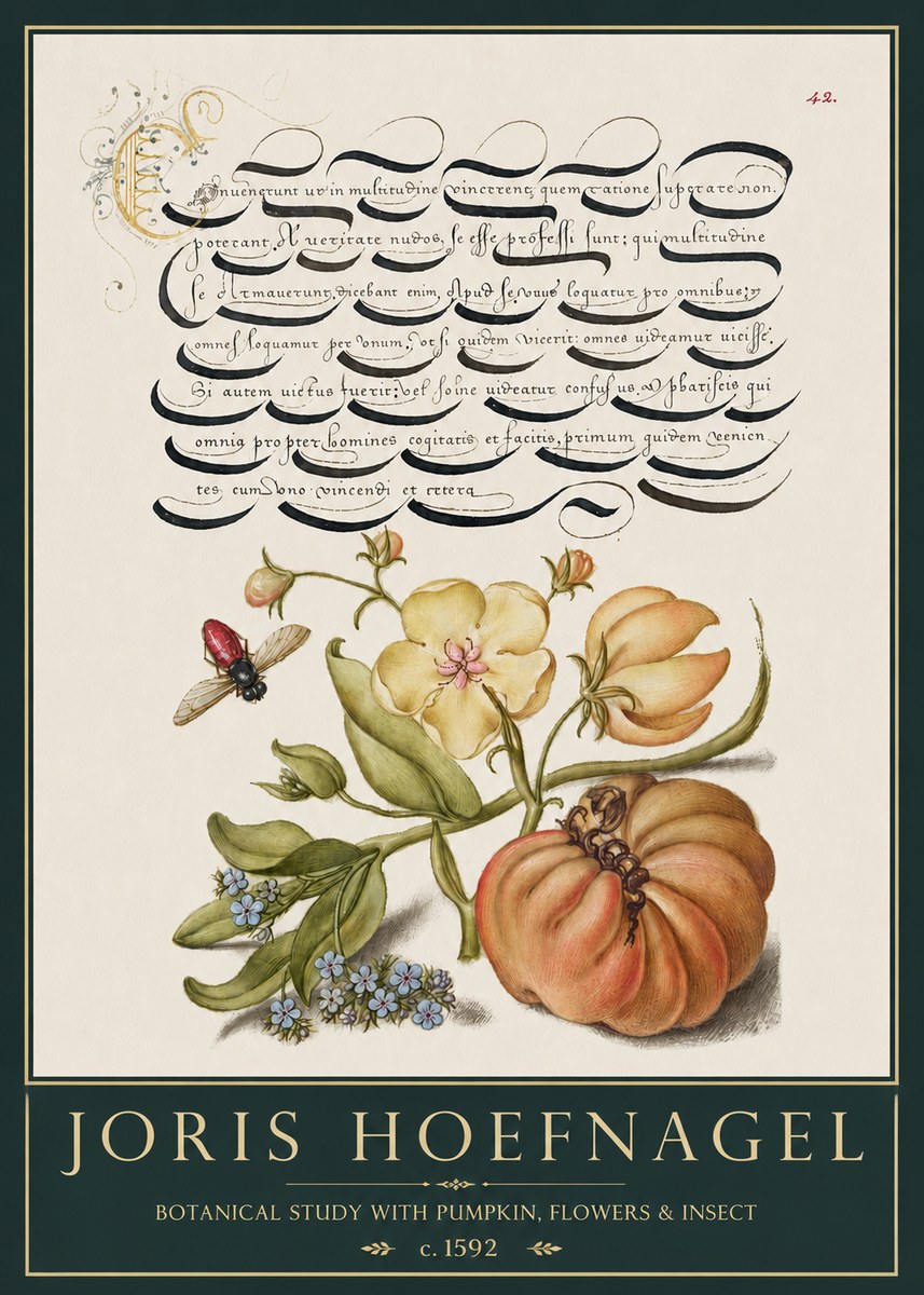 Joris Hoefnagel Botanical Study with Pumpkin, Flowers & Insect No3 - Poster