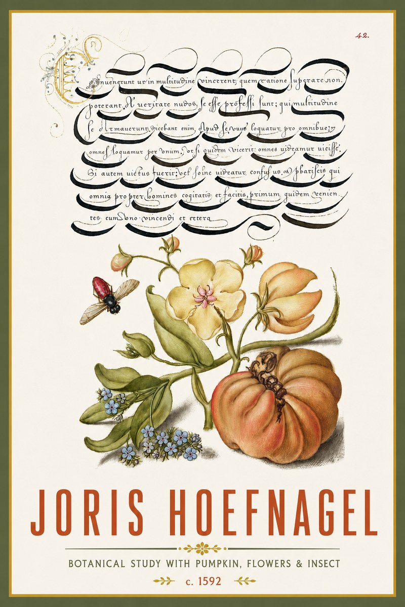 Joris Hoefnagel Botanical Study with Pumpkin, Flowers & Insect No4 - Poster