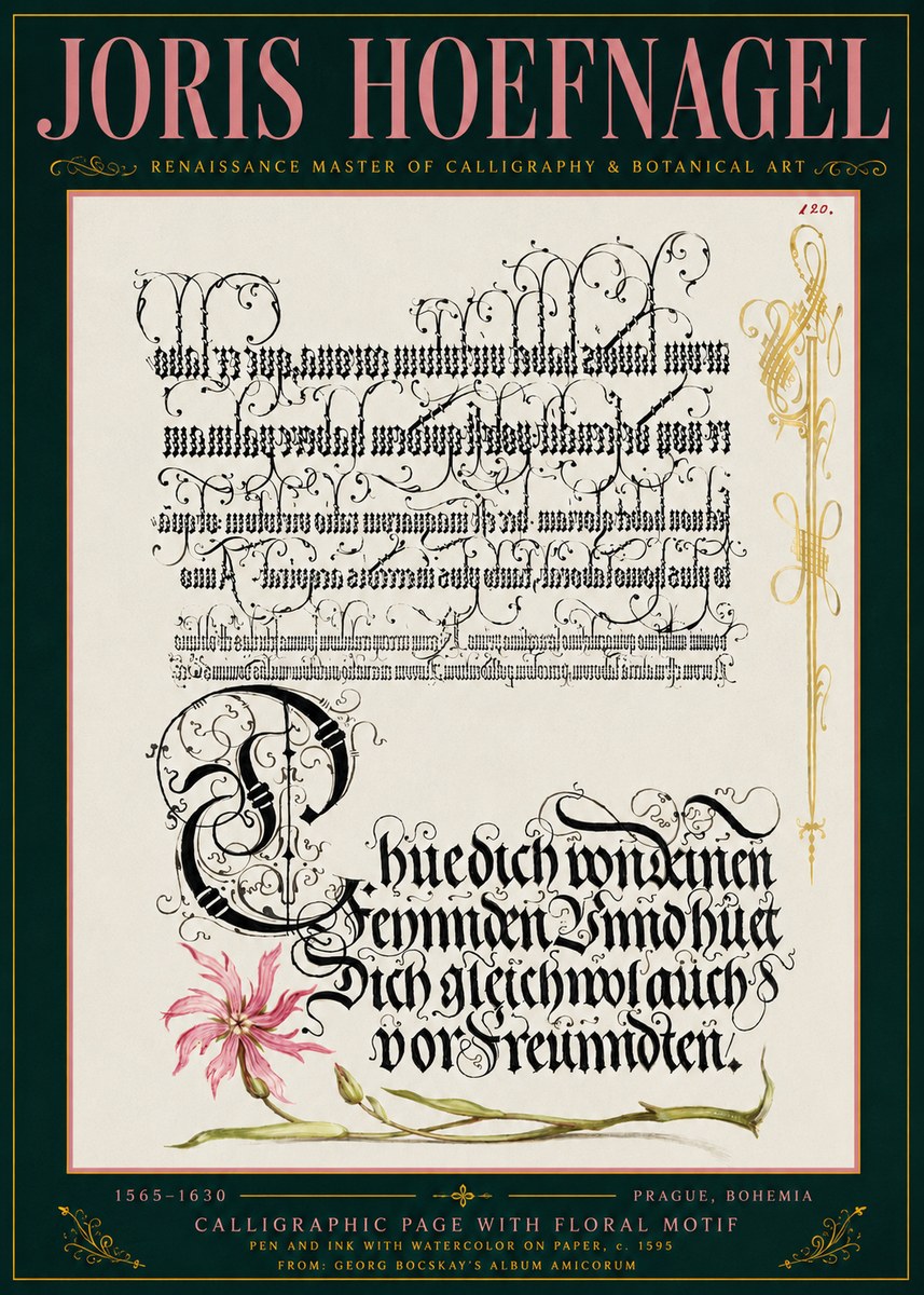 Joris Hoefnagel Calligraphy with Floral Ornament No6 - Poster