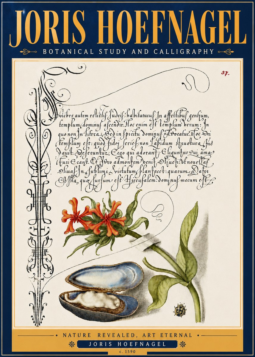 Joris Hoefnagel Botanical Study and Calligraphic Page No6 - Poster