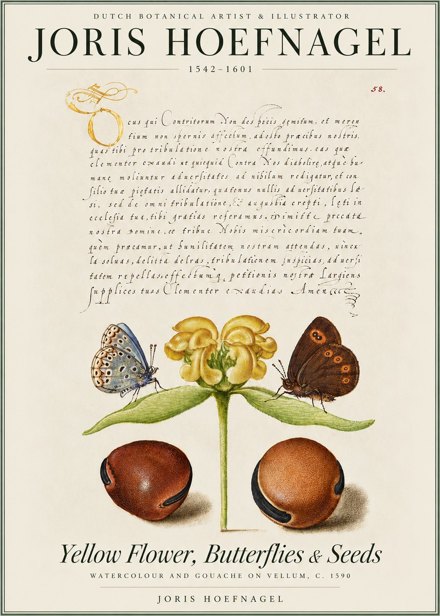 Joris Hoefnagel Yellow Flower, Butterflies & Seeds No4 - Poster