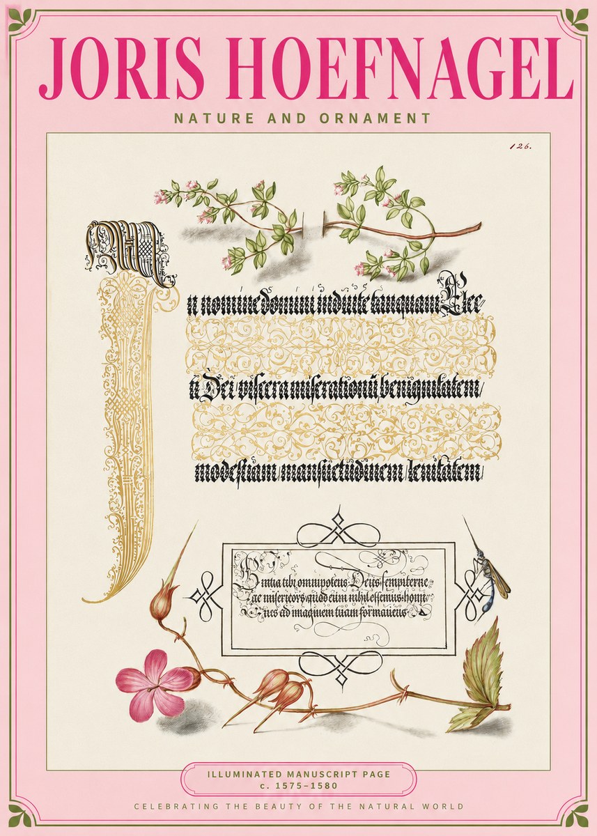 Joris Hoefnagel Illuminated Manuscript Page with Flowers and Insect No2 - Poster