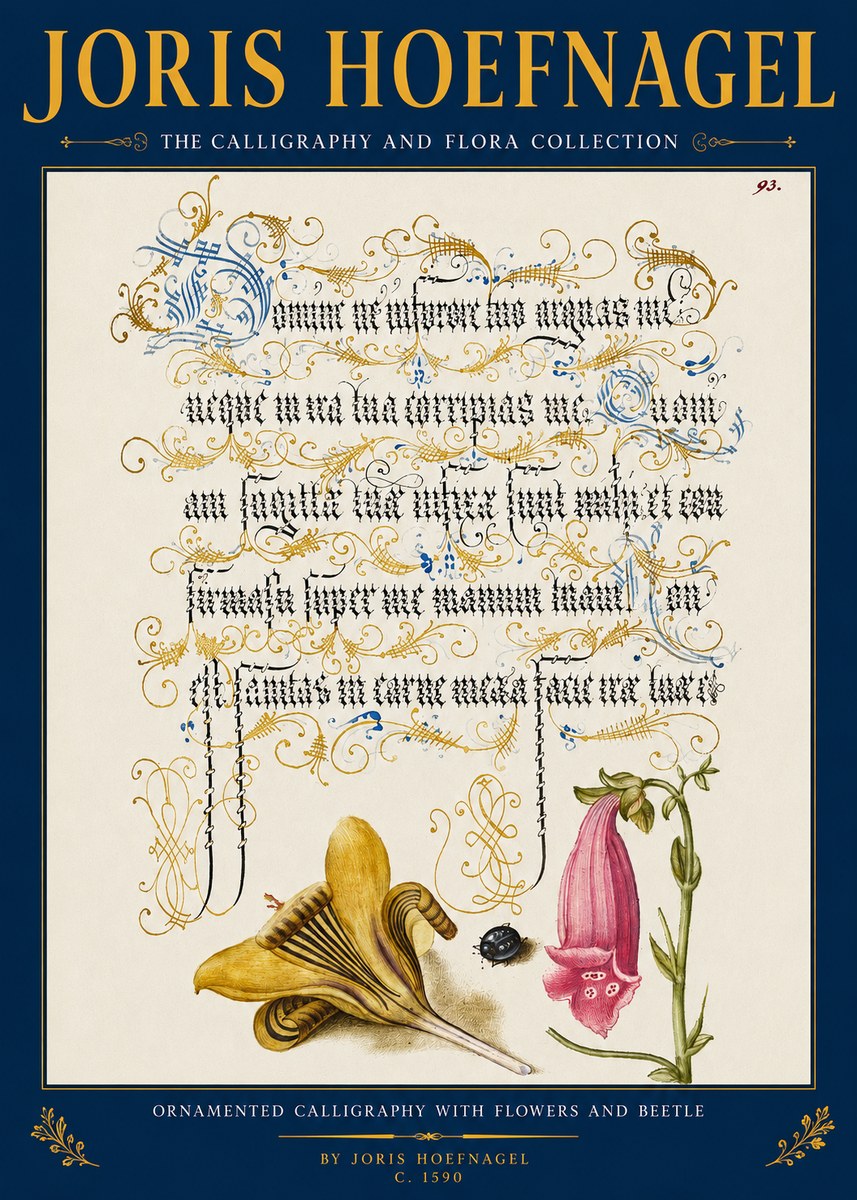 Joris Hoefnagel Ornamented Calligraphy with Flowers and Beetle No2 - Poster