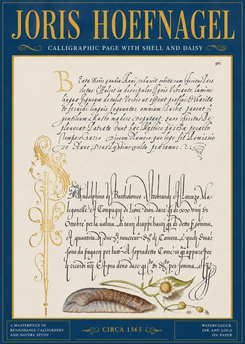 Joris Hoefnagel Calligraphic Page with Shell and Daisy No5 - Poster
