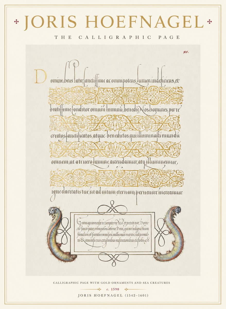 Joris Hoefnagel Calligraphic Page with Gold Ornaments and Sea Creatures No1 - Poster