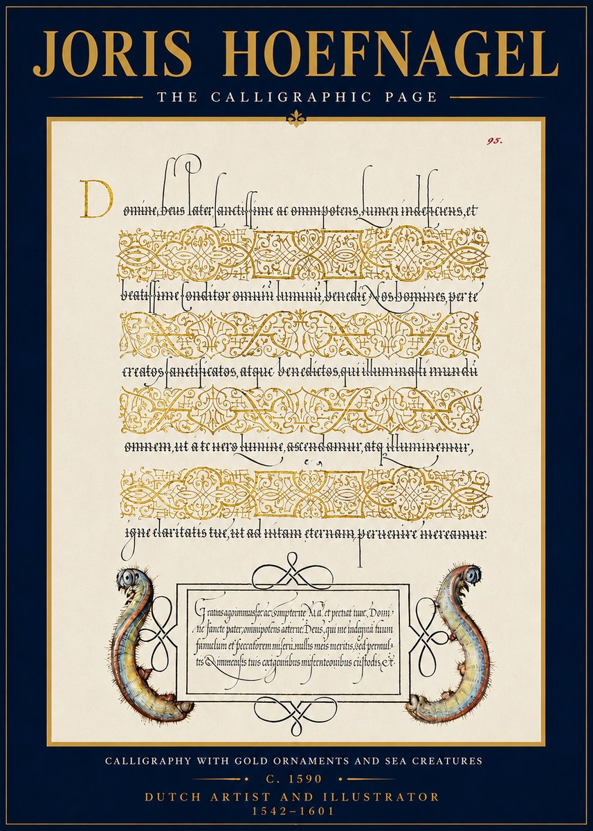Joris Hoefnagel Calligraphic Page with Gold Ornaments and Sea Creatures No4 - Poster