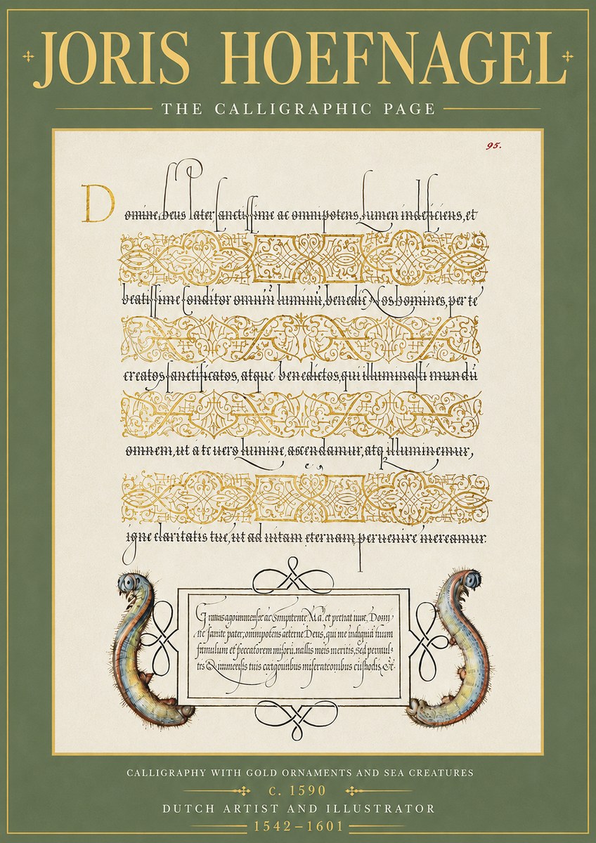 Joris Hoefnagel Calligraphic Page with Gold Ornaments and Sea Creatures No5 - Poster