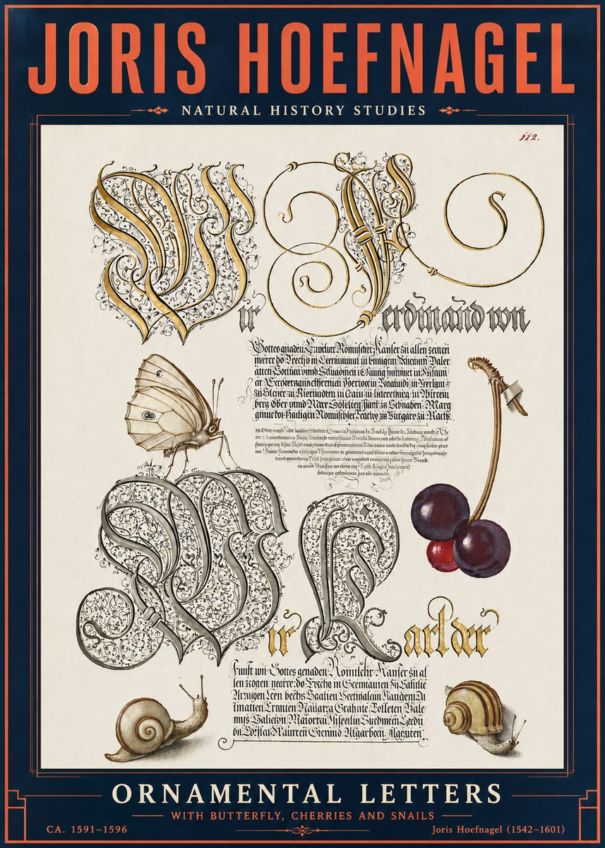 Joris Hoefnagel Ornamental Letters with Butterfly, Cherries and Snails No6 - Poster