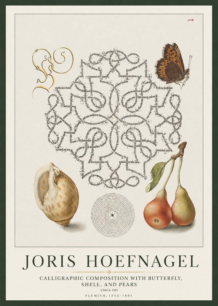 Joris Hoefnagel Calligraphic Composition with Butterfly, Shell, and Pears No1 - Poster