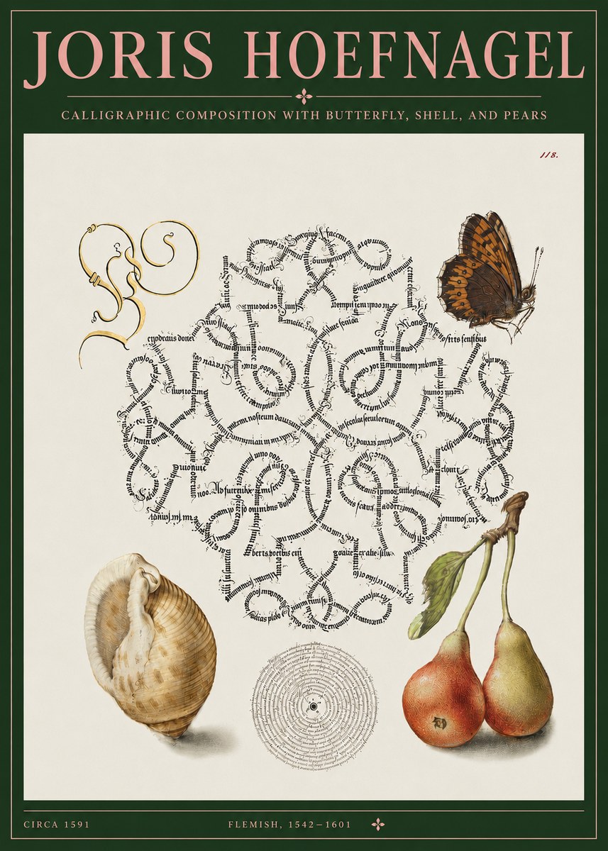 Joris Hoefnagel Calligraphic Composition with Butterfly, Shell, and Pears No3 - Poster