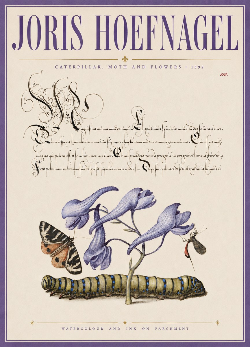 Joris Hoefnagel Caterpillar, Moth and Flowers No3 - Poster