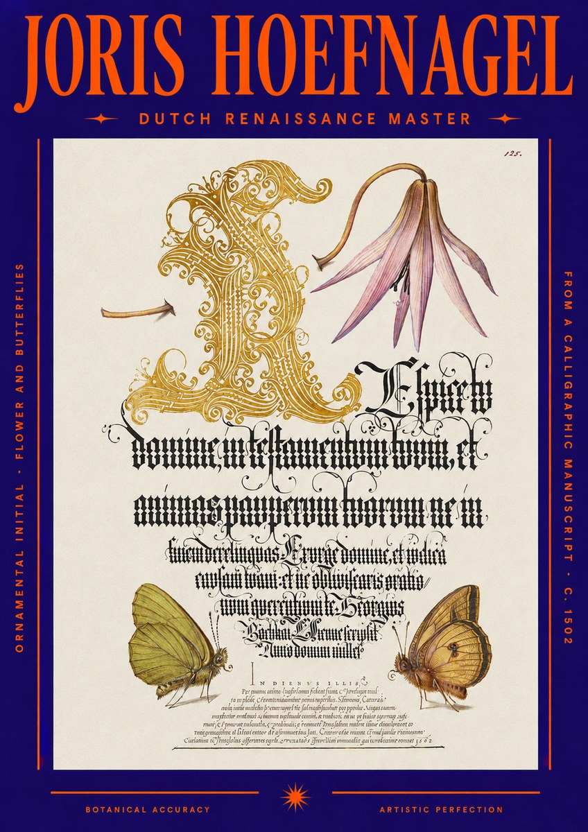 Joris Hoefnagel Ornamental Capital with Flower and Butterflies No6 - Poster