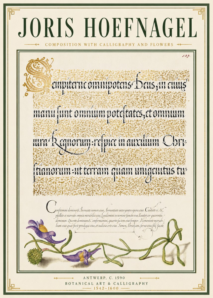 Joris Hoefnagel Composition with Calligraphy and Flowers No6 - Poster