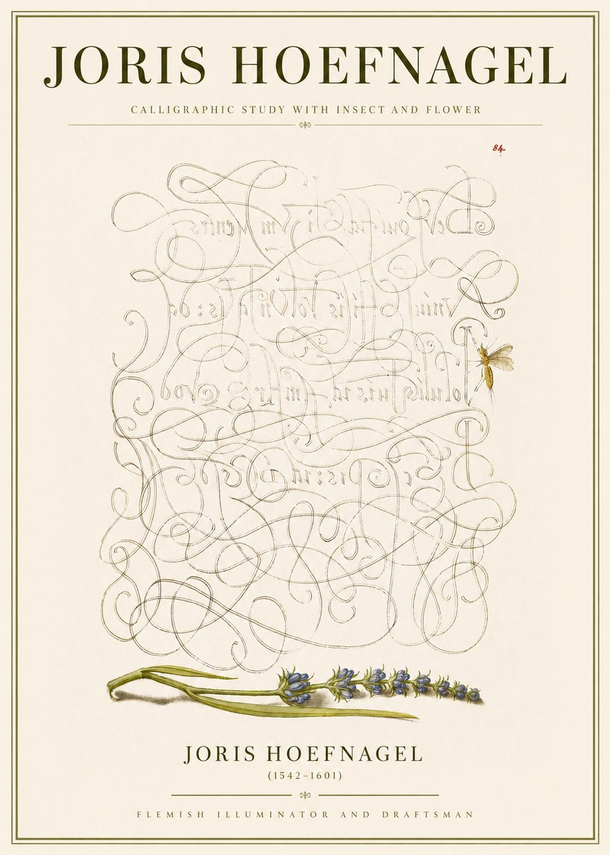 Joris Hoefnagel Calligraphic Study with Insect and Flower No3 - Poster