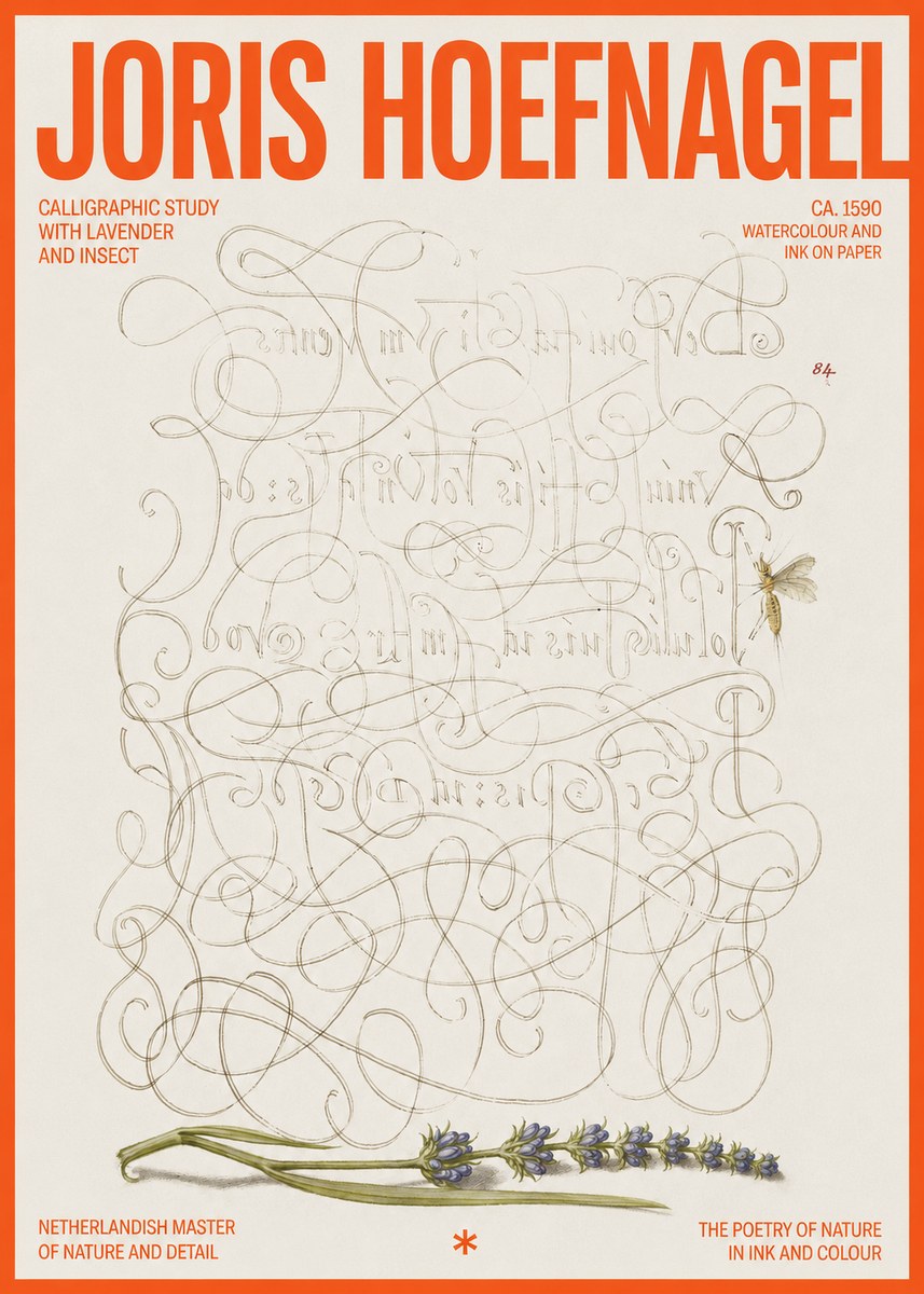 Joris Hoefnagel Calligraphic Study with Insect and Flower No6 - Poster