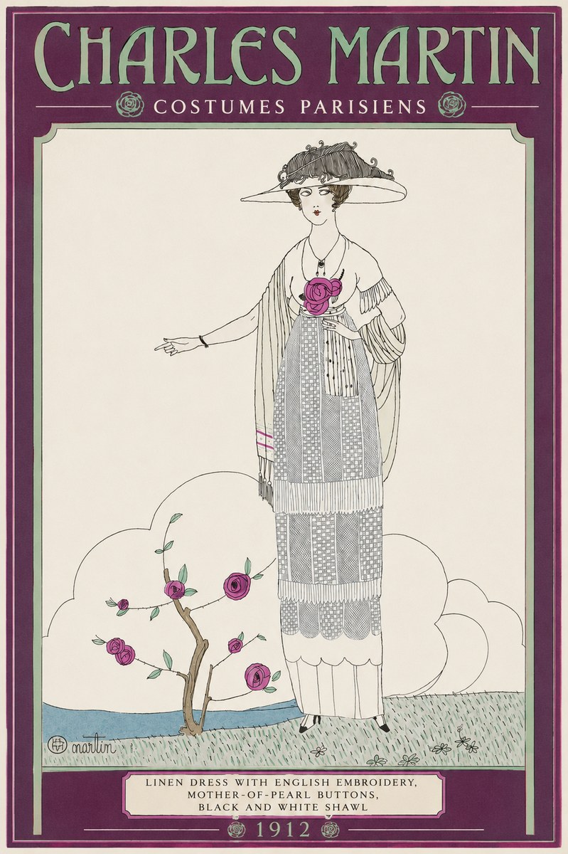 Charles Martin Linen Dress with English Embroidery, Mother-of-pearl Buttons, Black and White Shawl No2 - Poster