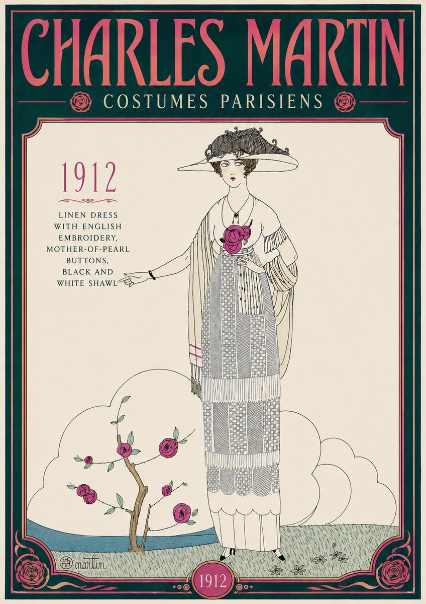 Charles Martin Linen Dress with English Embroidery, Mother-of-pearl Buttons, Black and White Shawl No4 - Poster