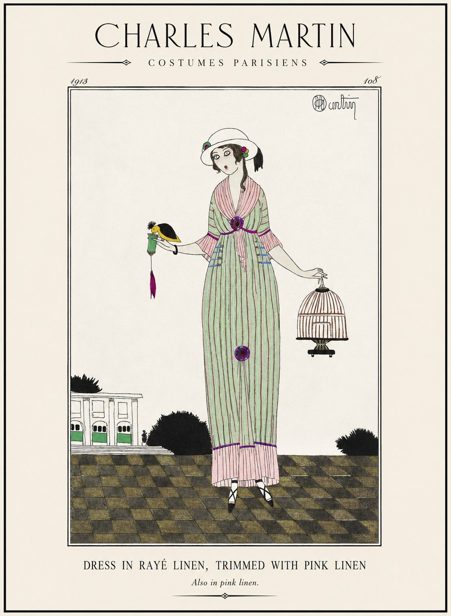 Charles Martin Dress in Rayé Linen, Trimmed with Pink Linen No1 - Poster
