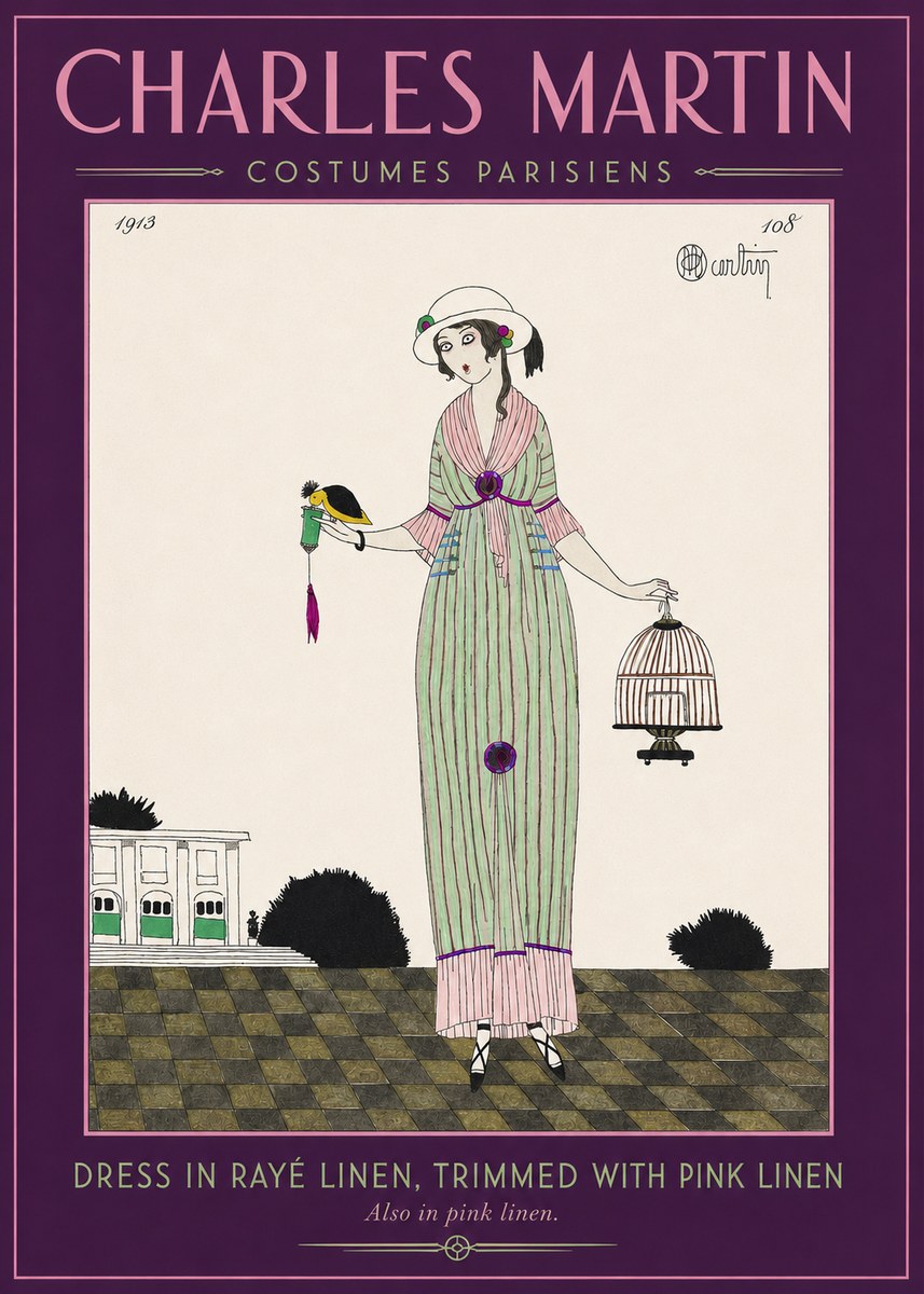 Charles Martin Dress in Rayé Linen, Trimmed with Pink Linen No2 - Poster